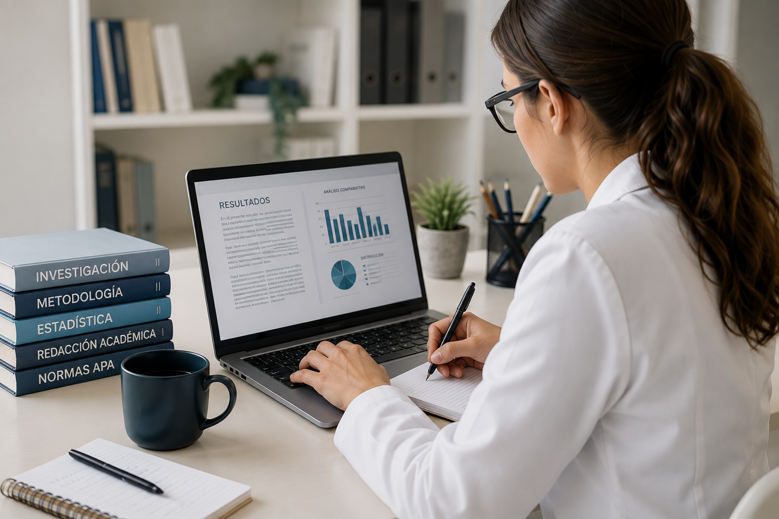 Investigadora trabajando con datos y bibliografía académica