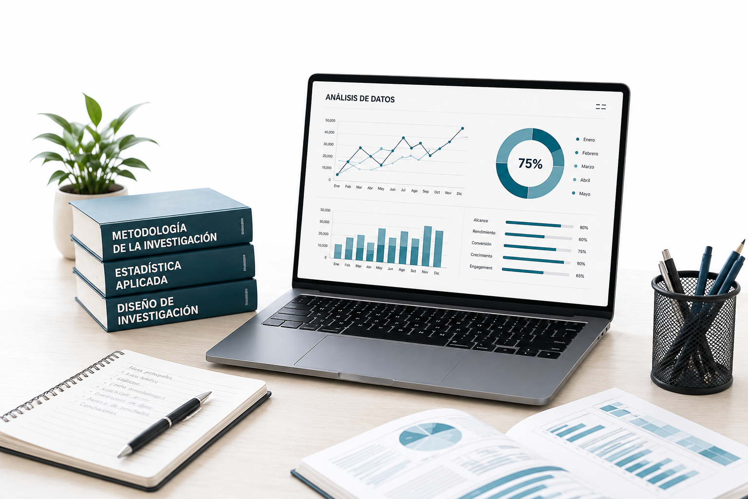 Laptop con panel de análisis de datos, libros de metodología y bitácora de investigación